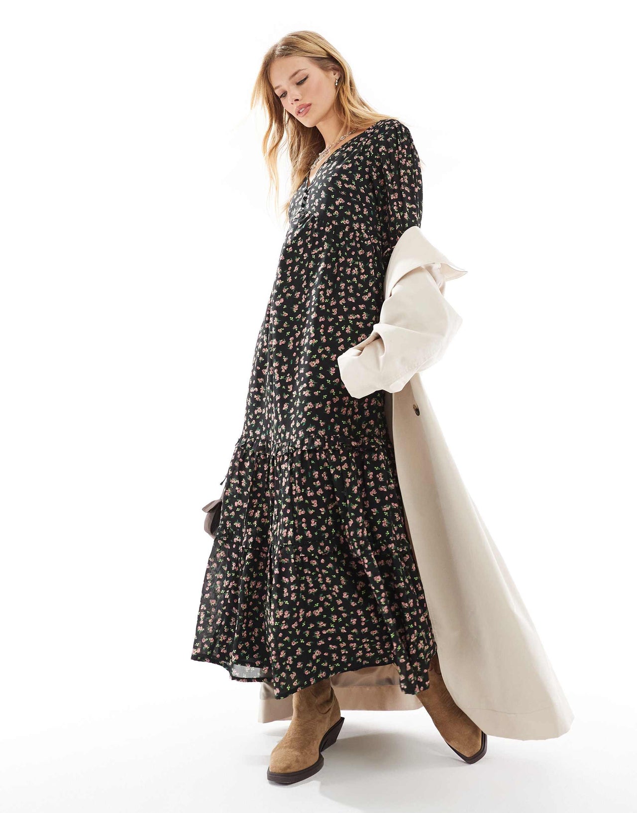 Wednesday's Girl grunge floral floaty midaxi dress in black