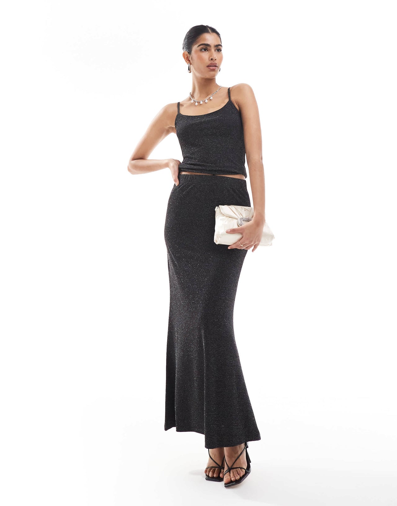 Vero Moda mix & match maxi skirt co-ord in black glitter