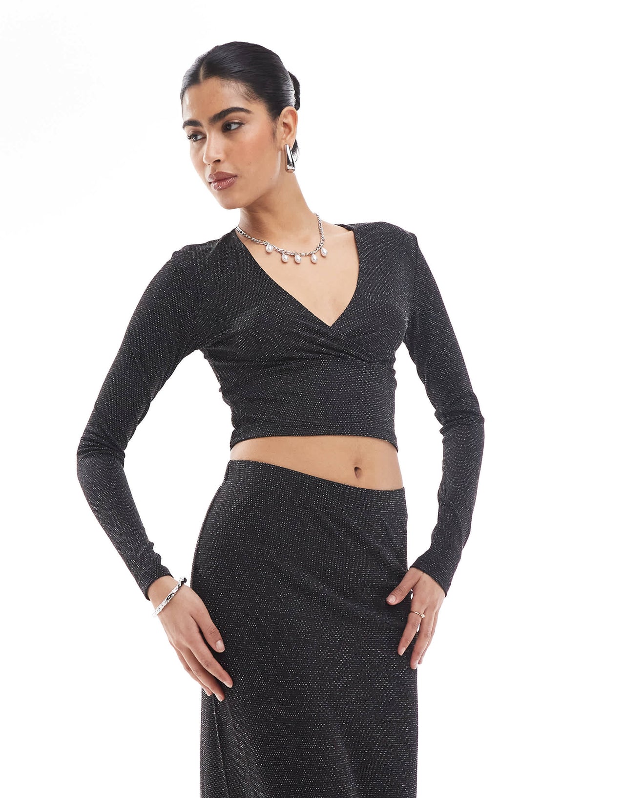 Vero Moda mix & match cross front top co-ord in black glitter