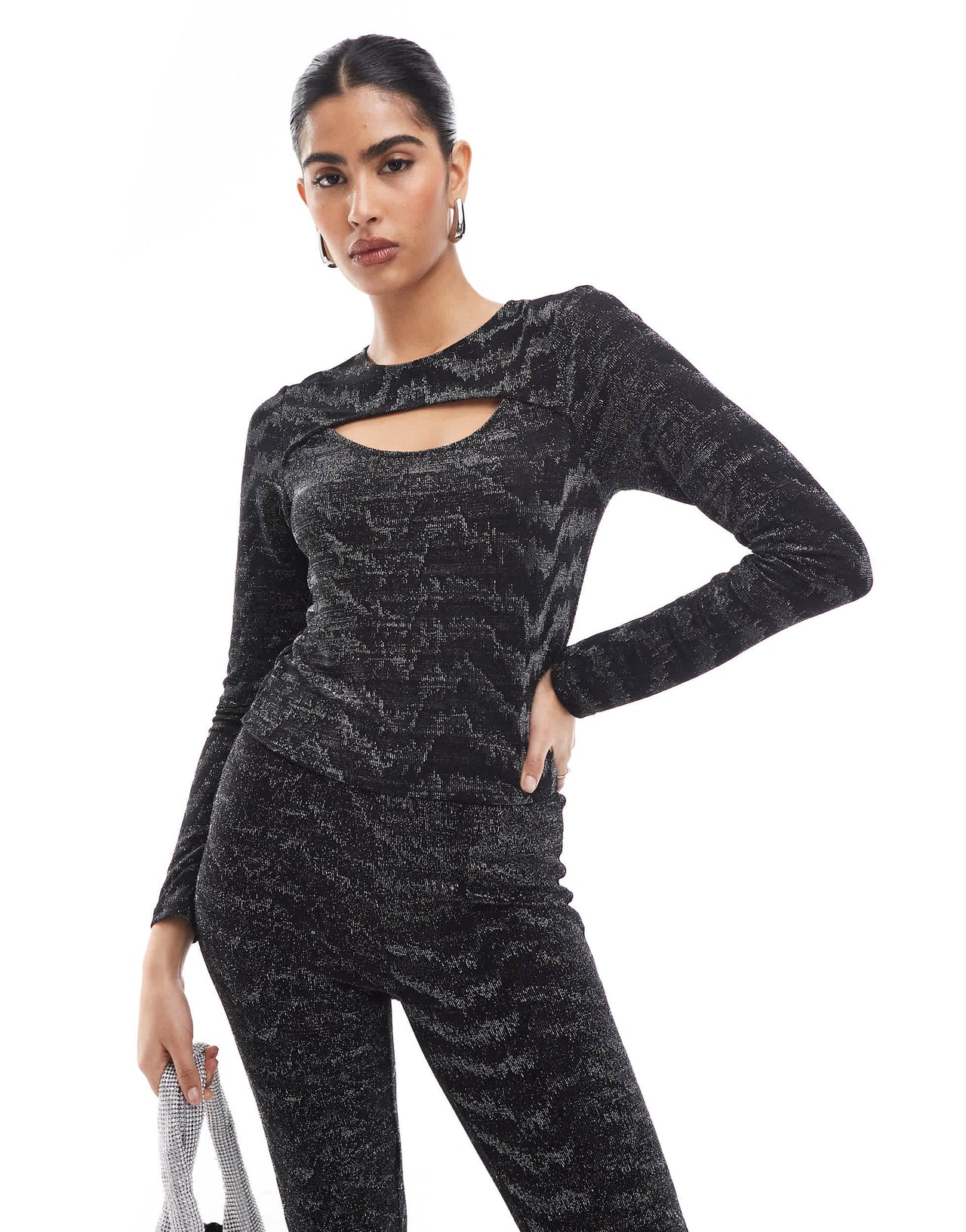 Vero Moda long sleeved cut out top co-ord in black and silver glitter