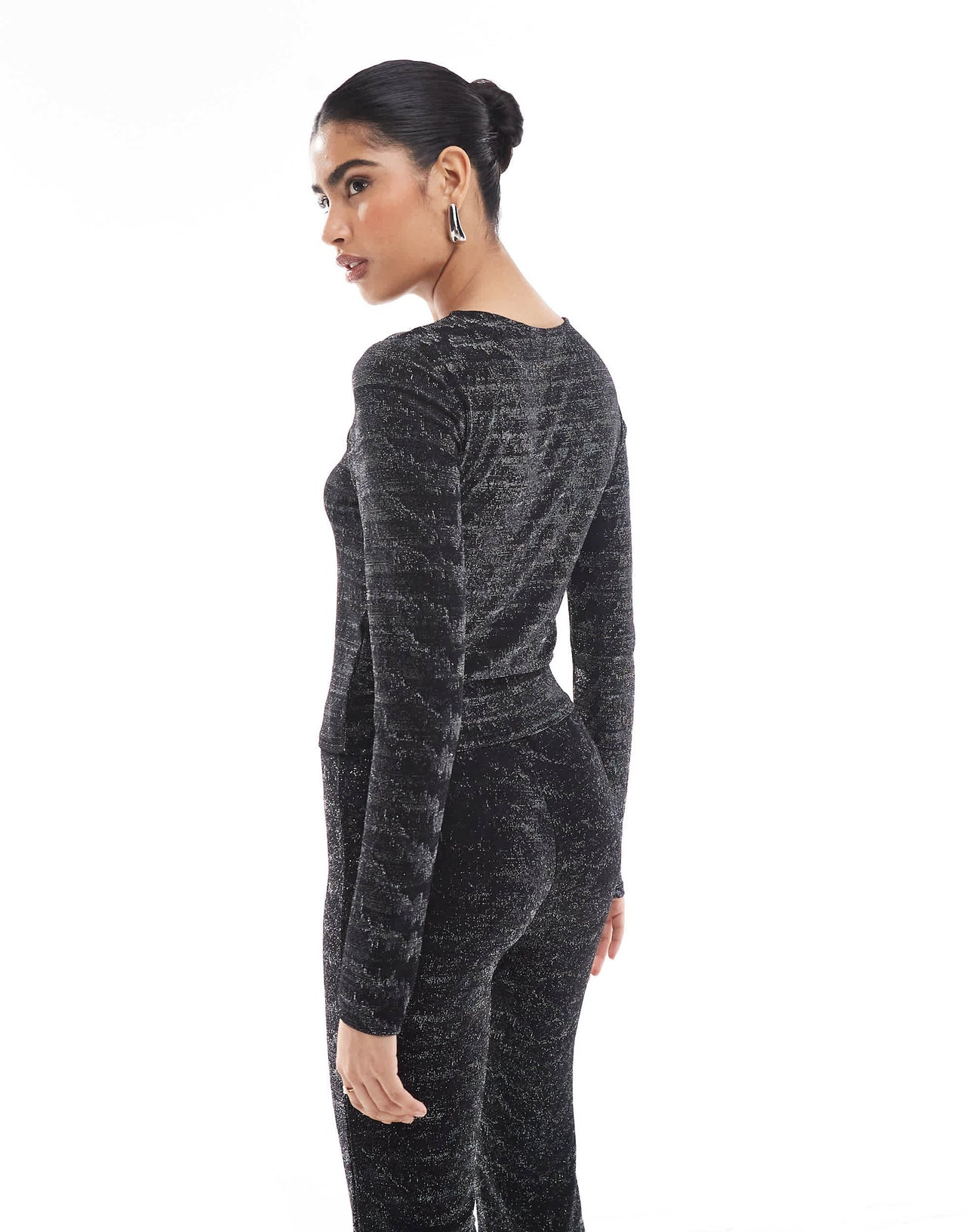 Vero Moda long sleeved cut out top co-ord in black and silver glitter