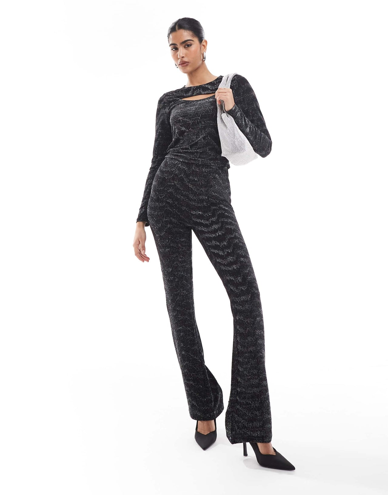 Vero Moda long sleeved cut out top co-ord in black and silver glitter
