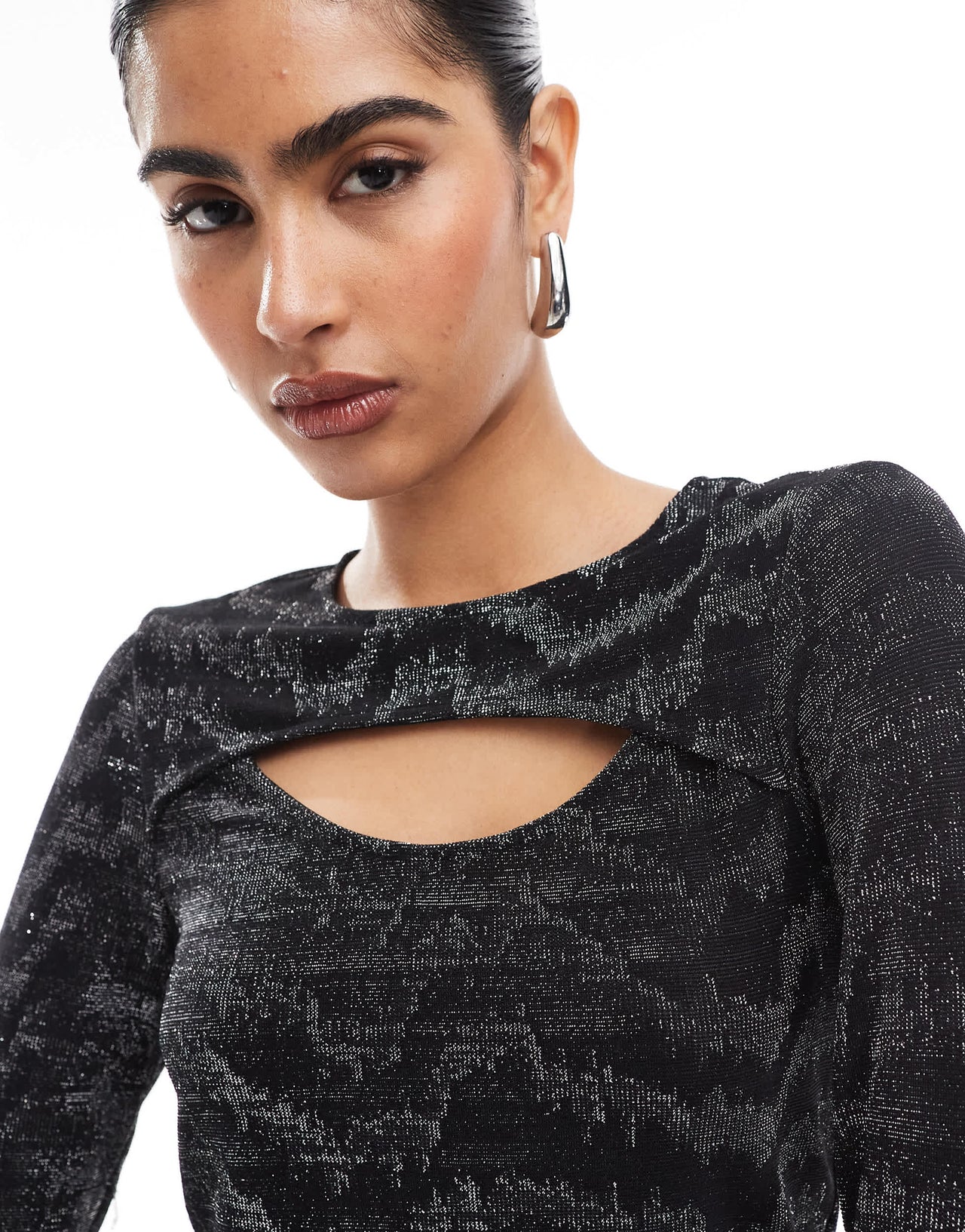 Vero Moda long sleeved cut out top co-ord in black and silver glitter