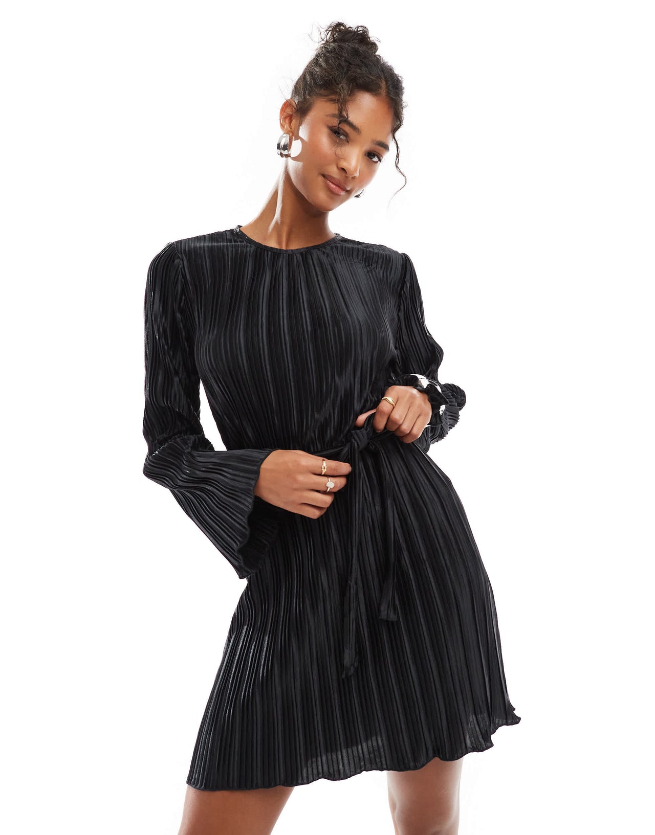 Vero Moda tie waist plisse mini dress in black