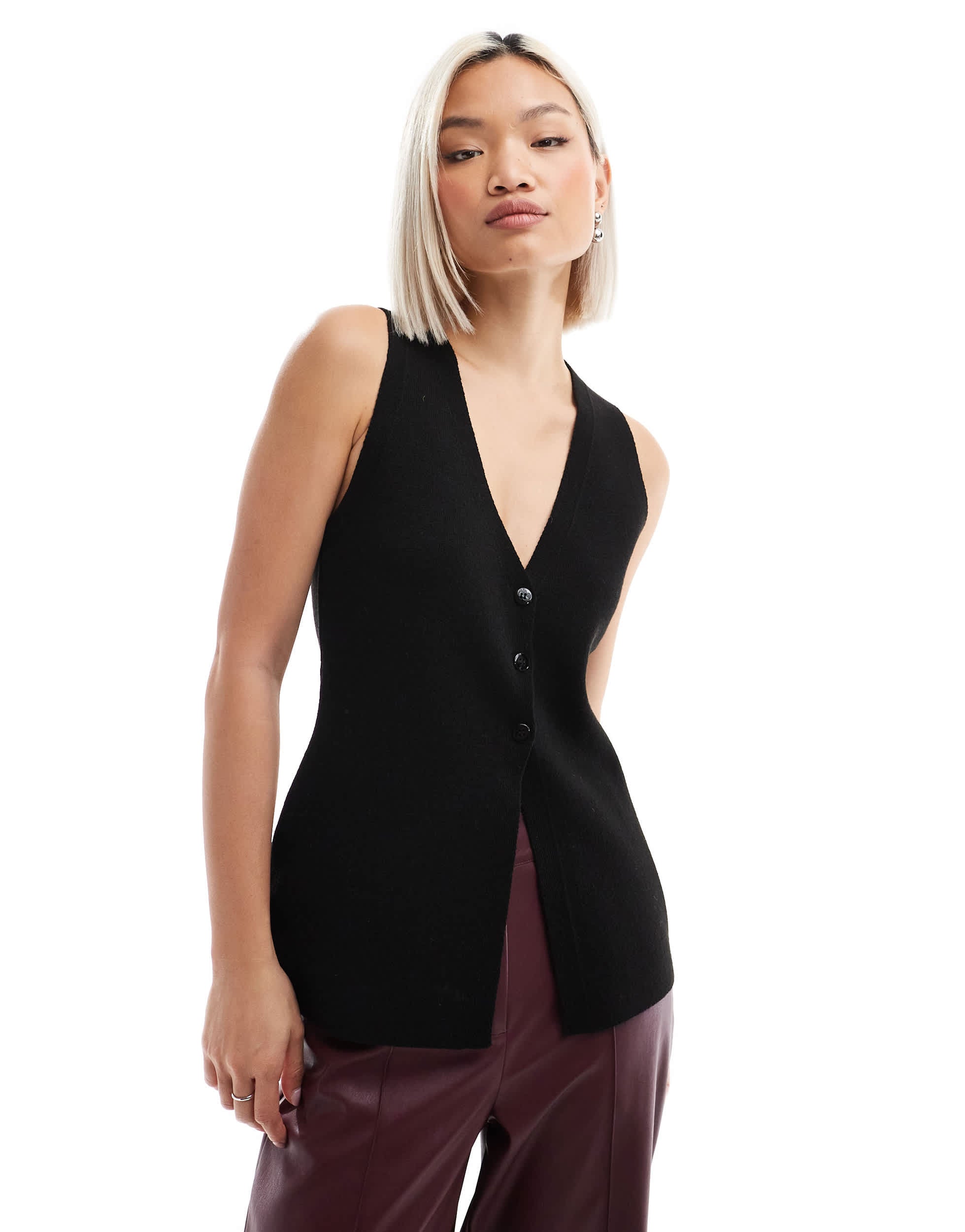 ASOS DESIGN knitted compact v neck waistcoat with split detail in black