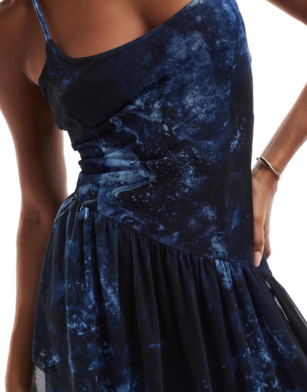 ASOS DESIGN cami cross strap maxi dress with asymmetric hem in blue marble print