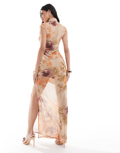 ASOS DESIGN mesh cap sleeve tie neck detail maxi dress in vintage floral print