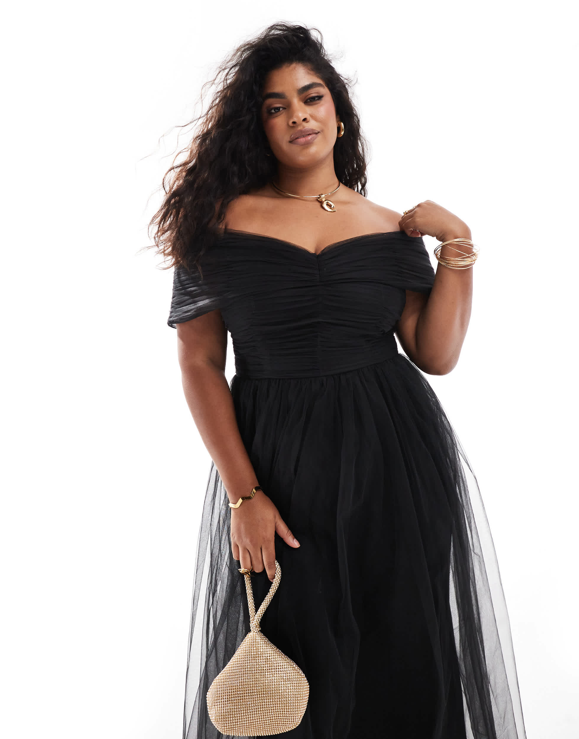 Lace & Beads Plus bow off shoulder tulle maxi dress in black