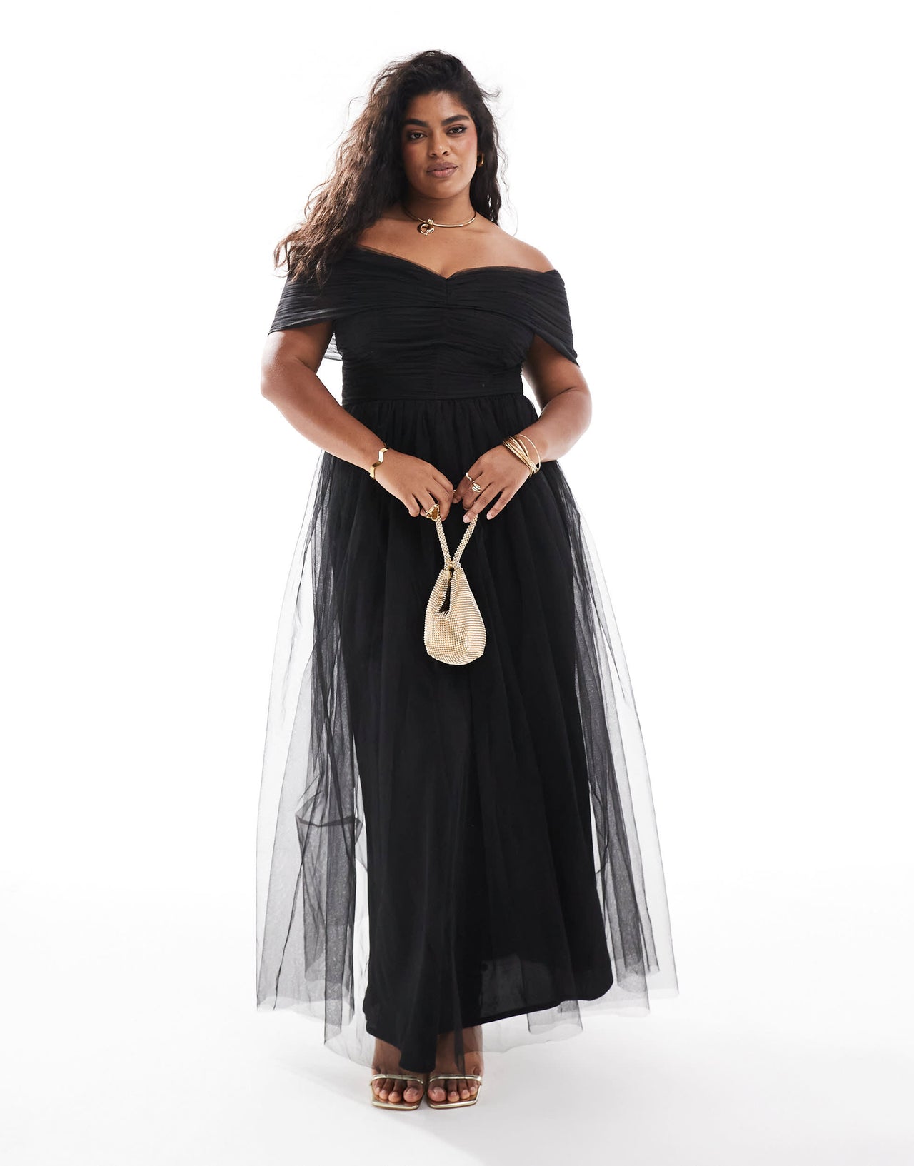 Lace & Beads Plus bow off shoulder tulle maxi dress in black