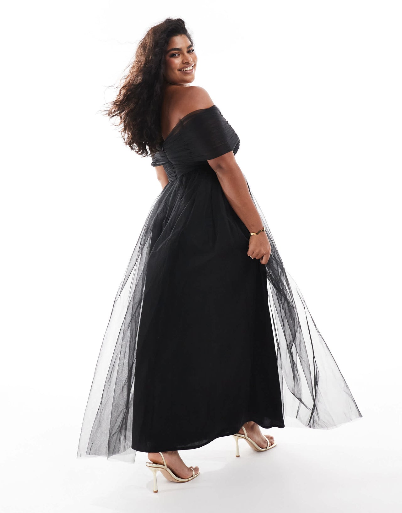 Lace & Beads Plus bow off shoulder tulle maxi dress in black