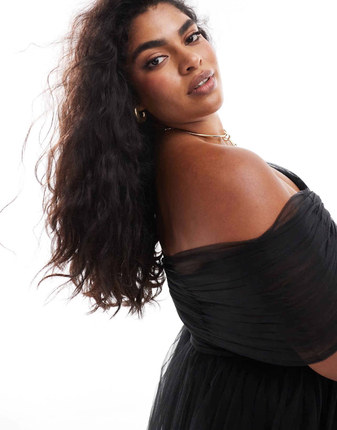 Lace & Beads Plus bow off shoulder tulle maxi dress in black