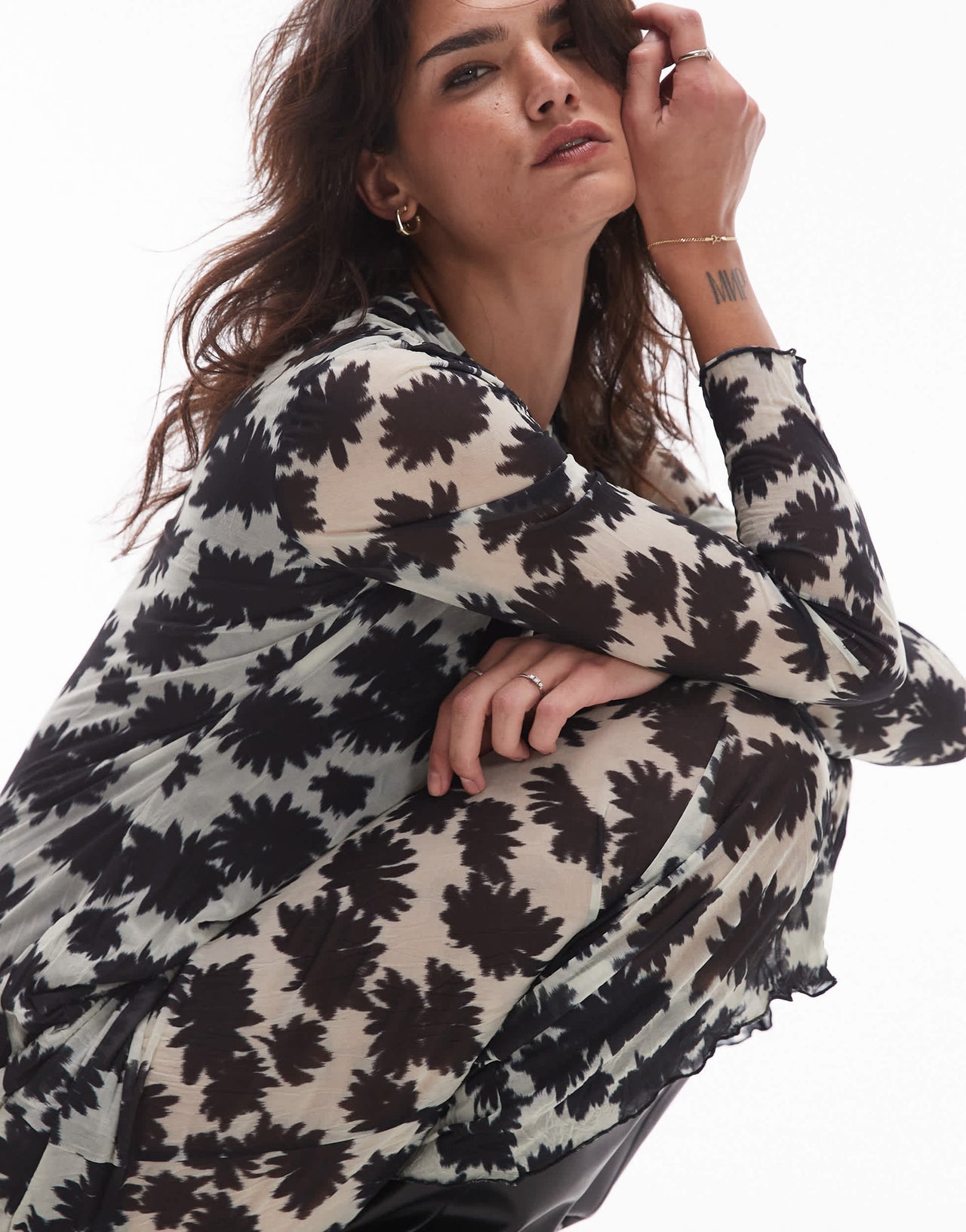 Topshop crinkle floral midaxi dress in mono