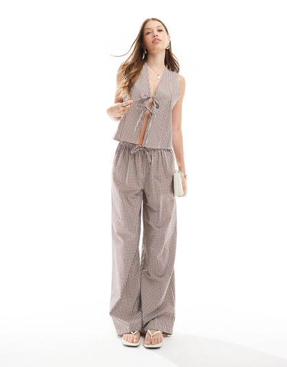 ASOS DESIGN tie front waistcoat in brown gingham