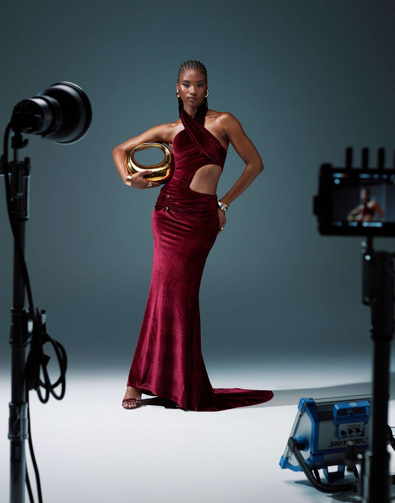 ASOS DESIGN velvet wrap around neckline maxi dress in burgundy