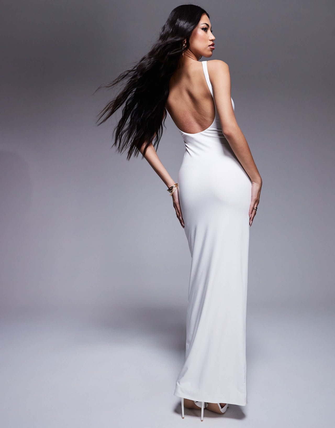 Fashionkilla double layered slinky high neck low back maxi dress in off white