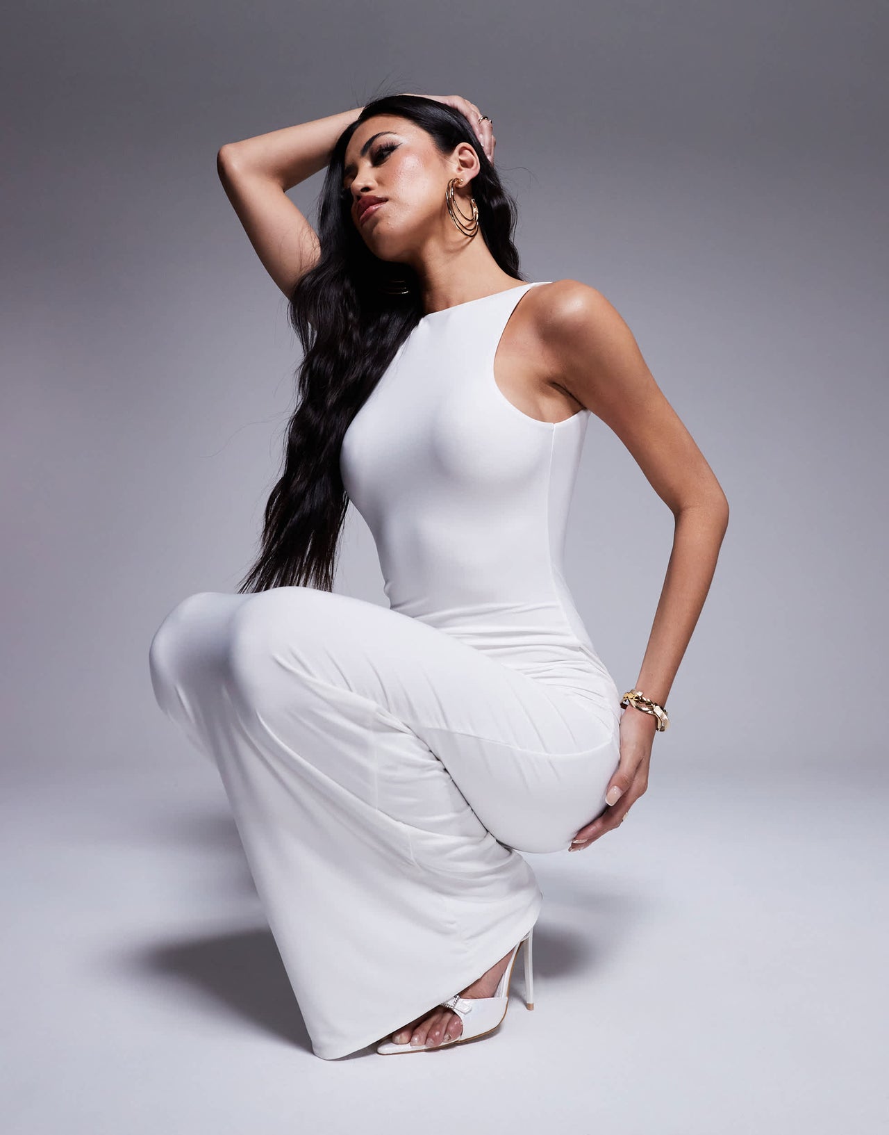 Fashionkilla double layered slinky high neck low back maxi dress in off white