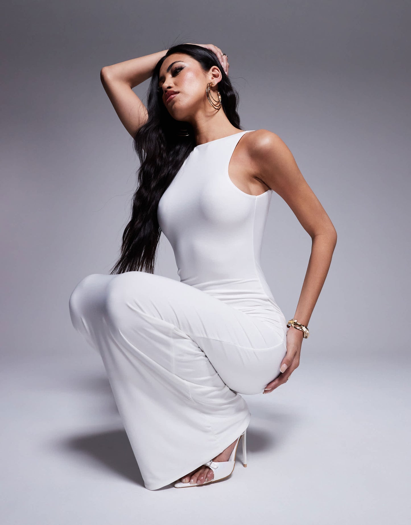 Fashionkilla double layered slinky high neck low back maxi dress in off white