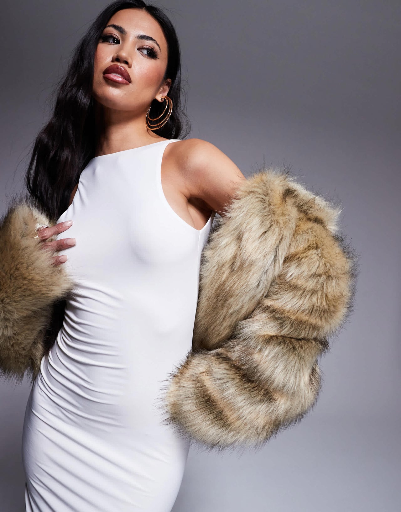 Fashionkilla double layered slinky high neck low back maxi dress in off white