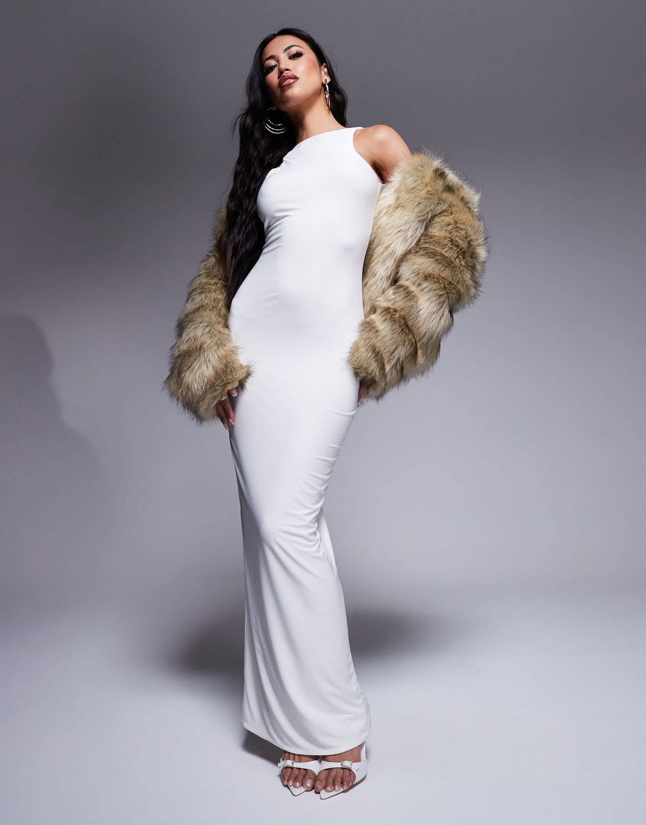 Fashionkilla double layered slinky high neck low back maxi dress in off white