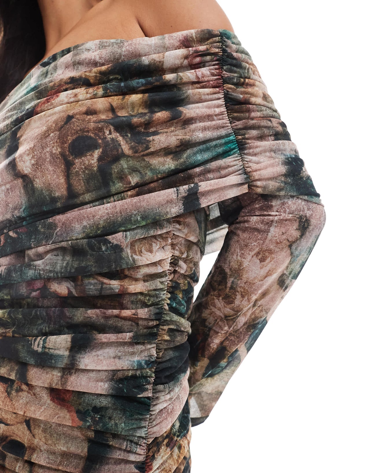 Never Fully Dressed off shoulder mesh midaxi dress in cherub print