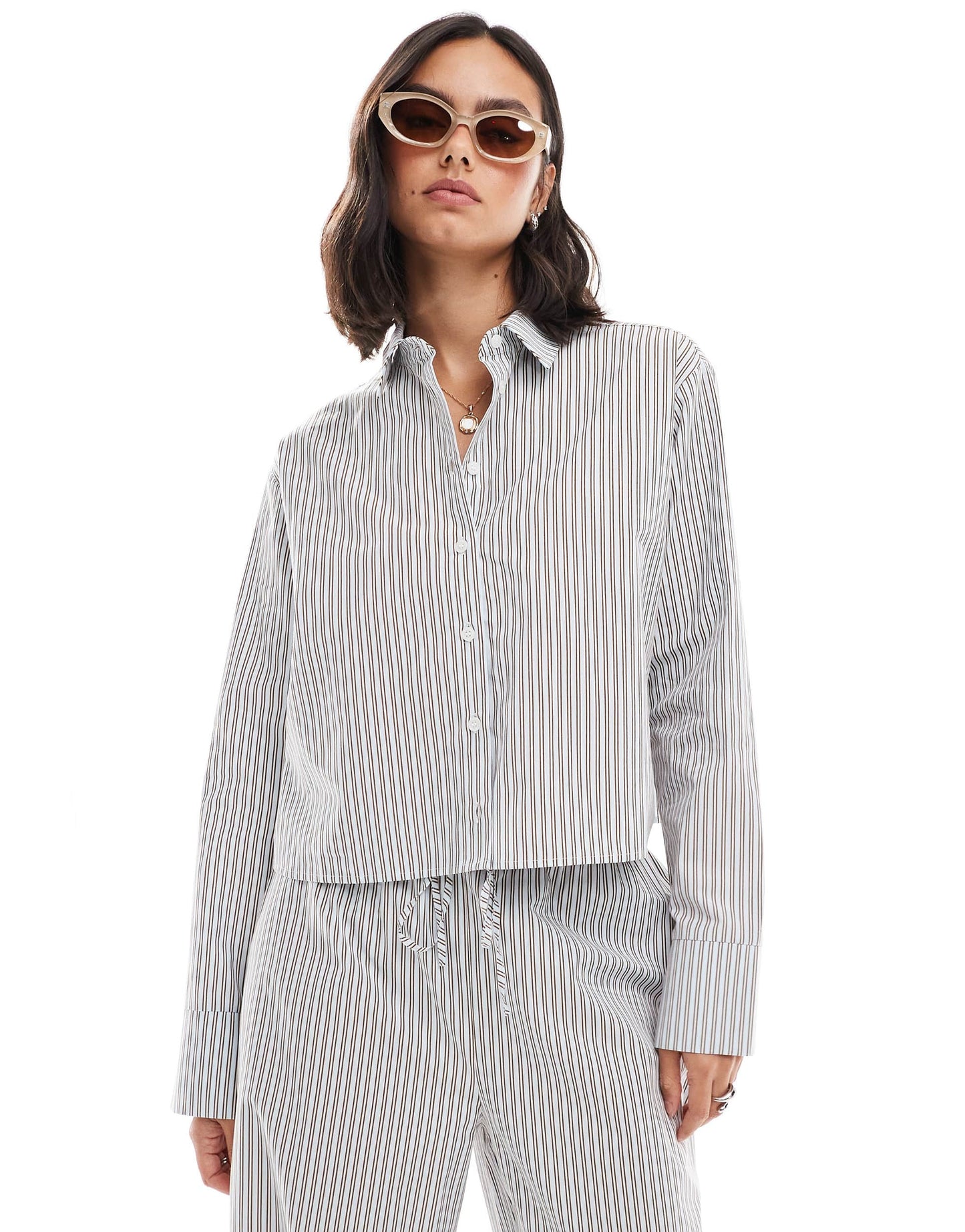 ASOS DESIGN oversized crop shirt in baby blue and brown stripe