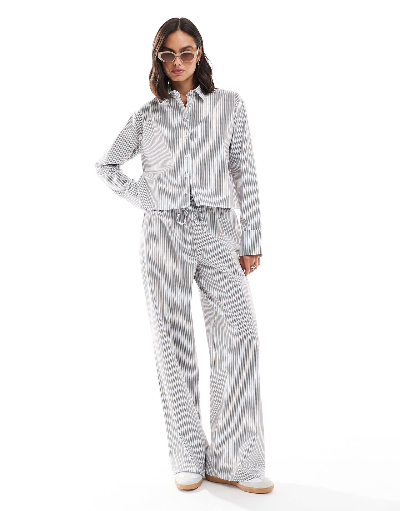 ASOS DESIGN oversized crop shirt in baby blue and brown stripe
