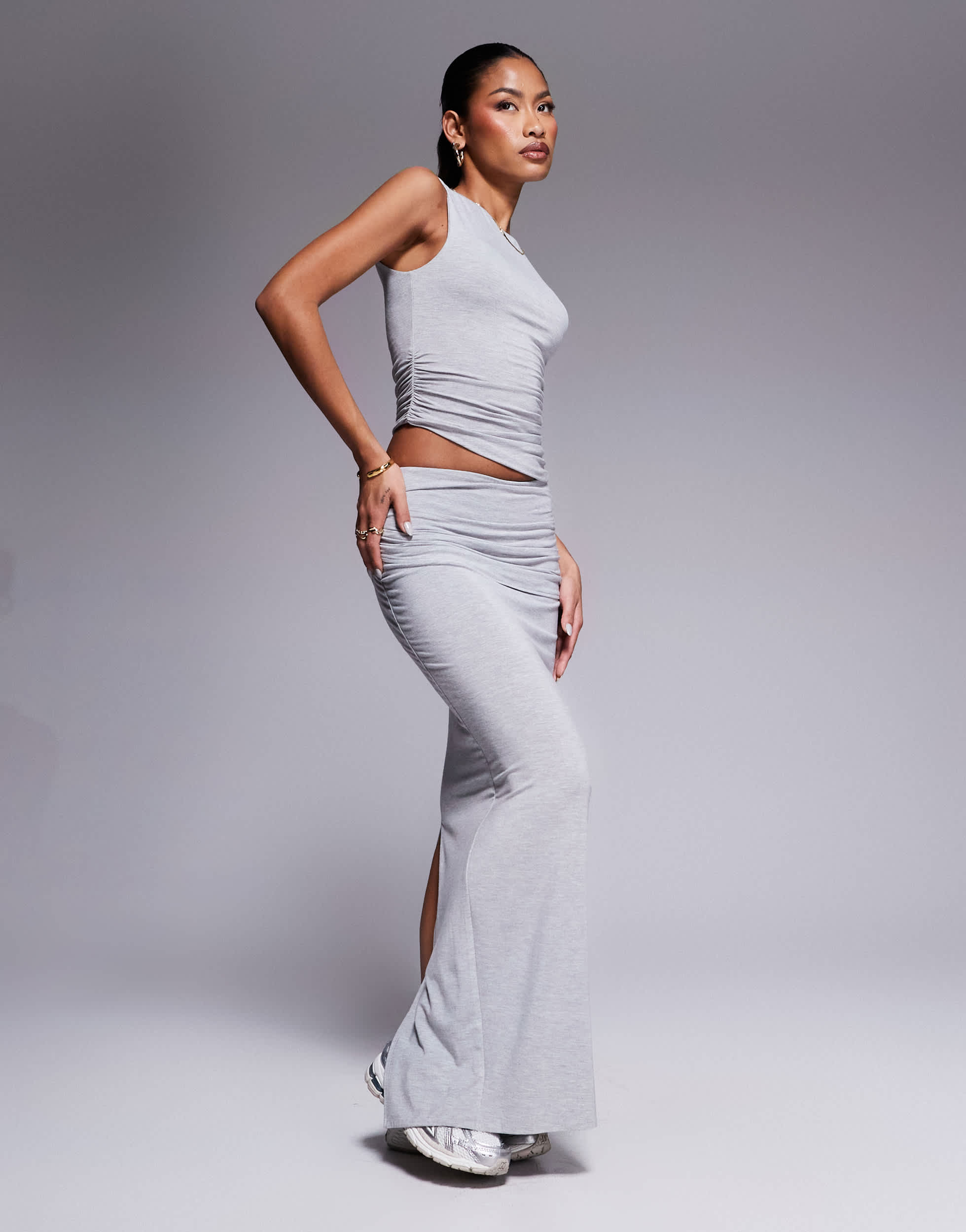 Wanderdoll Emma premium jersey sleeveless ruched top co-ord in grey marl