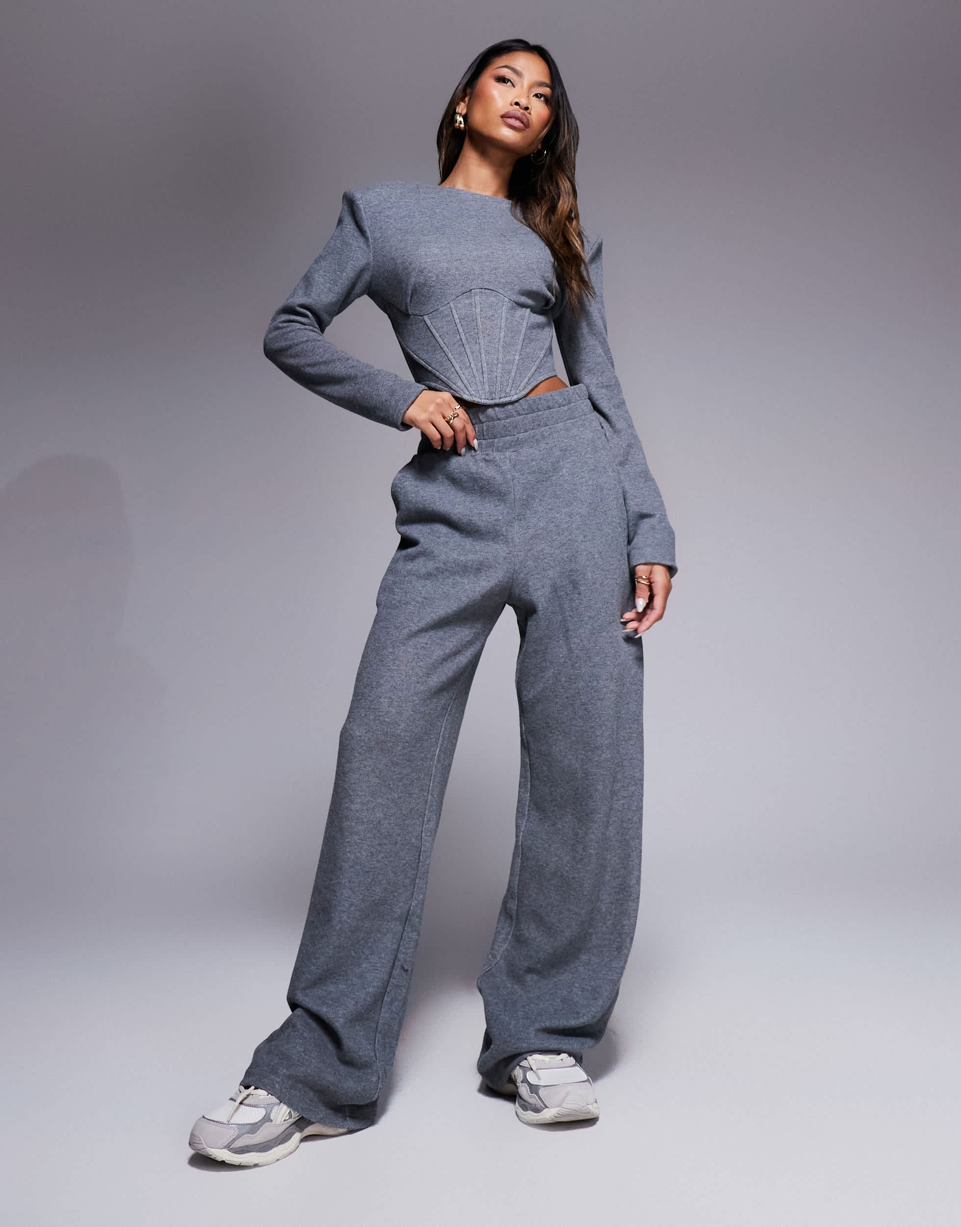 Wanderdoll Constance padded shoulder long sleeve corset top co-ord in charcoal