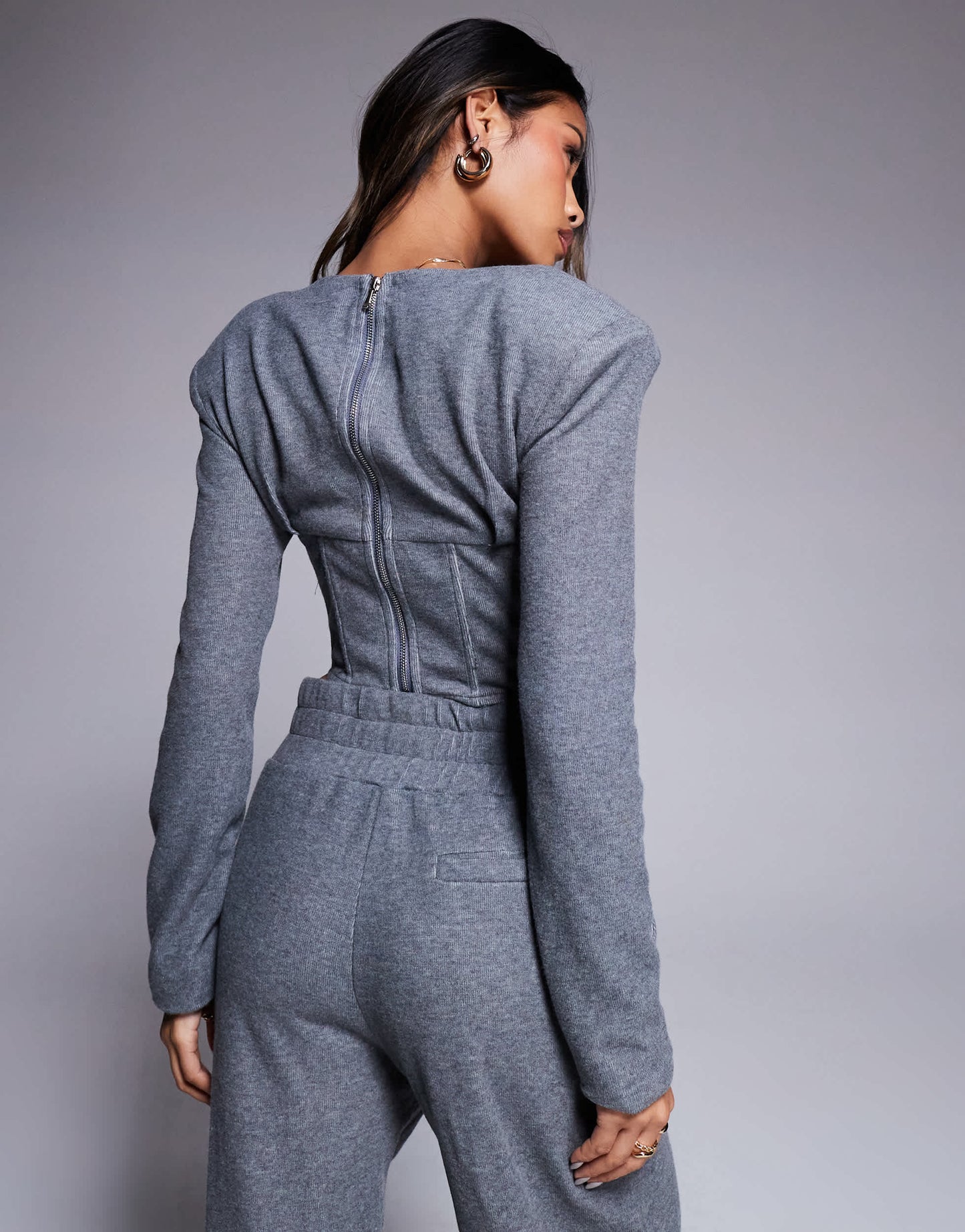 Wanderdoll Constance padded shoulder long sleeve corset top co-ord in charcoal