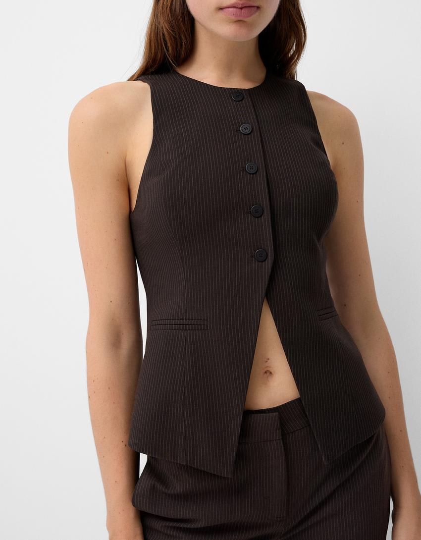 Bershka round neck tailored waistcoat in brown pinstripe