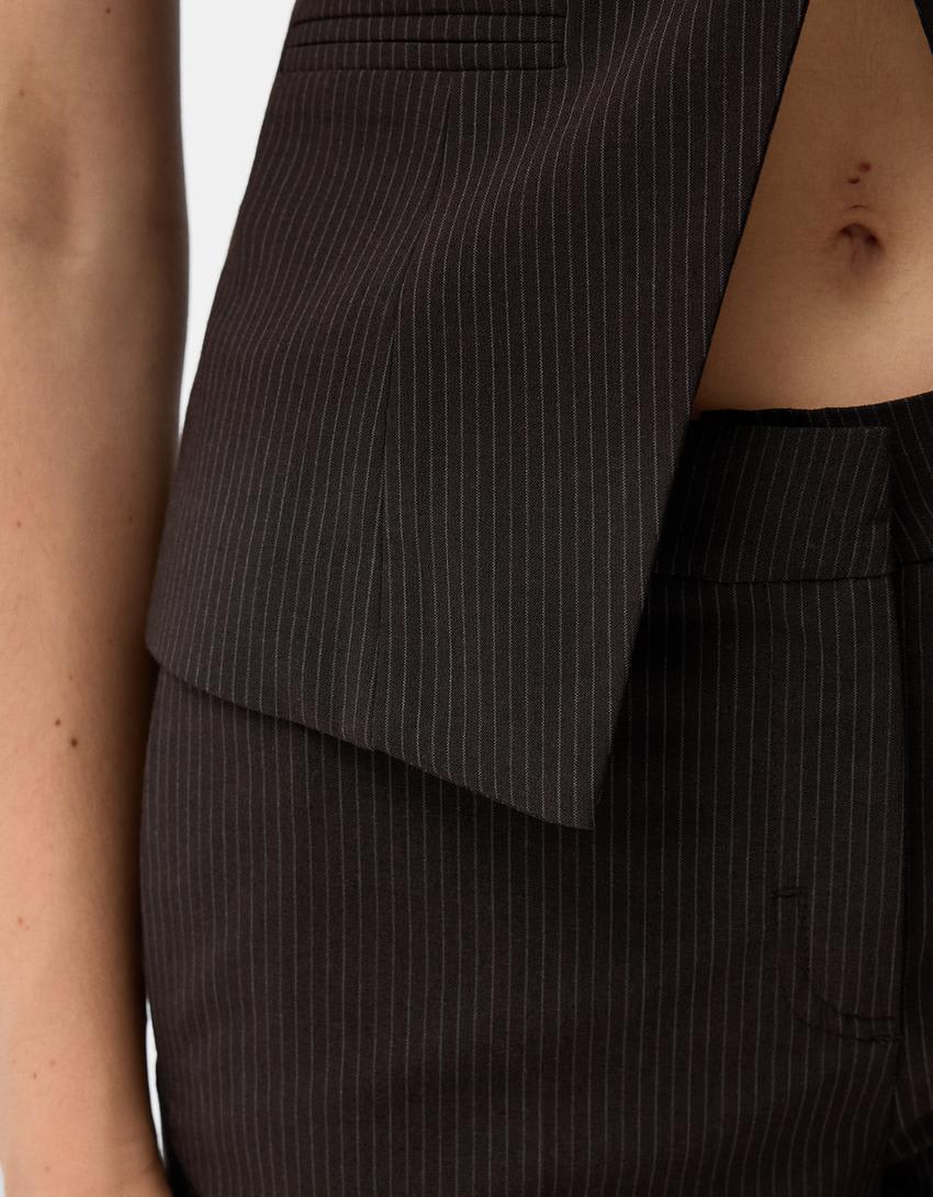 Bershka round neck tailored waistcoat in brown pinstripe