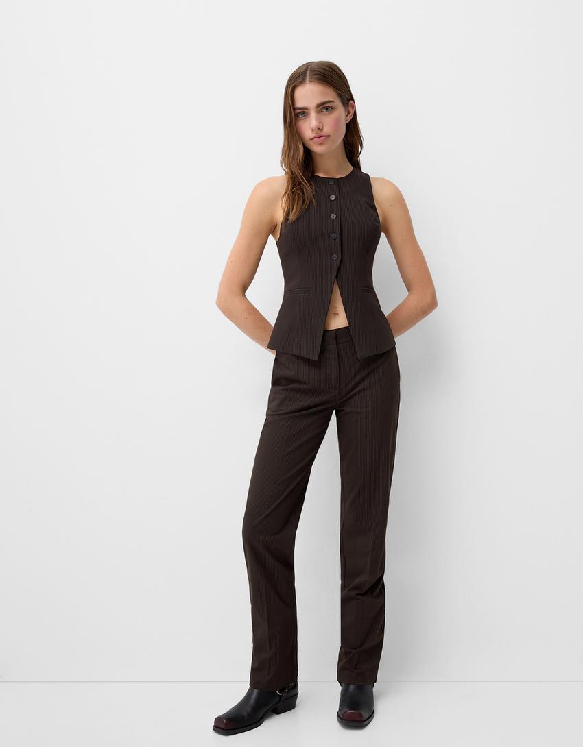Bershka round neck tailored waistcoat in brown pinstripe
