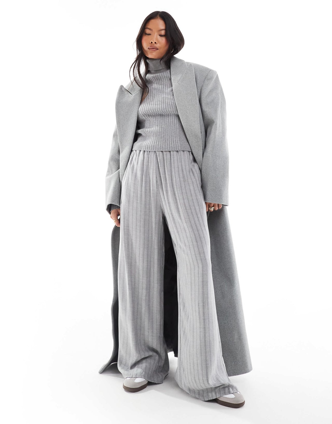 Bershka Petite drawstring waist wide leg trousers in grey