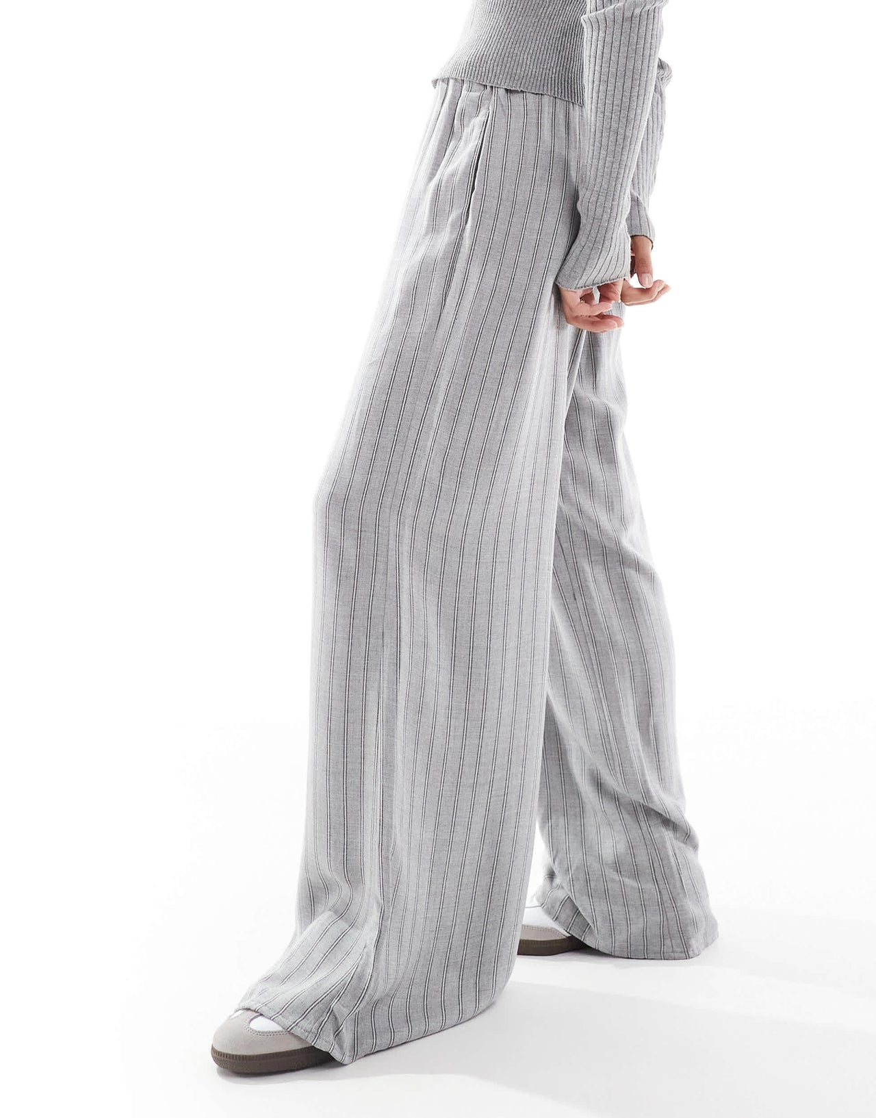Bershka Petite drawstring waist wide leg trousers in grey