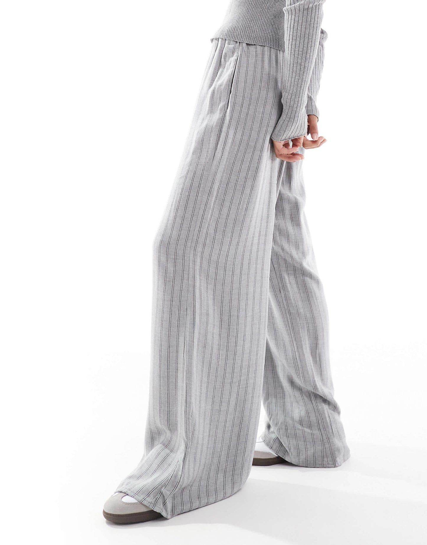 Bershka Petite drawstring waist wide leg trousers in grey