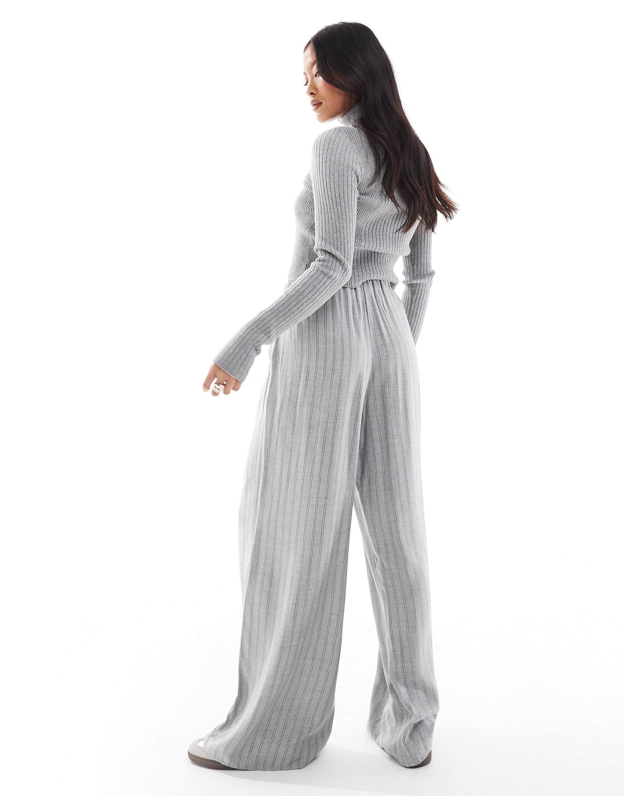 Bershka Petite drawstring waist wide leg trousers in grey