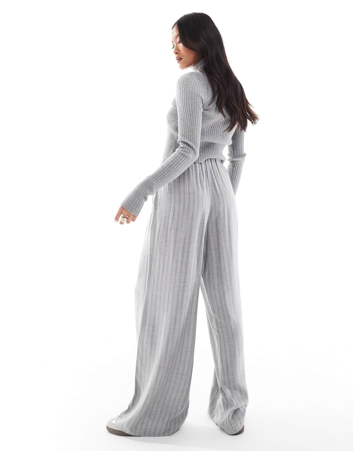 Bershka Petite drawstring waist wide leg trousers in grey