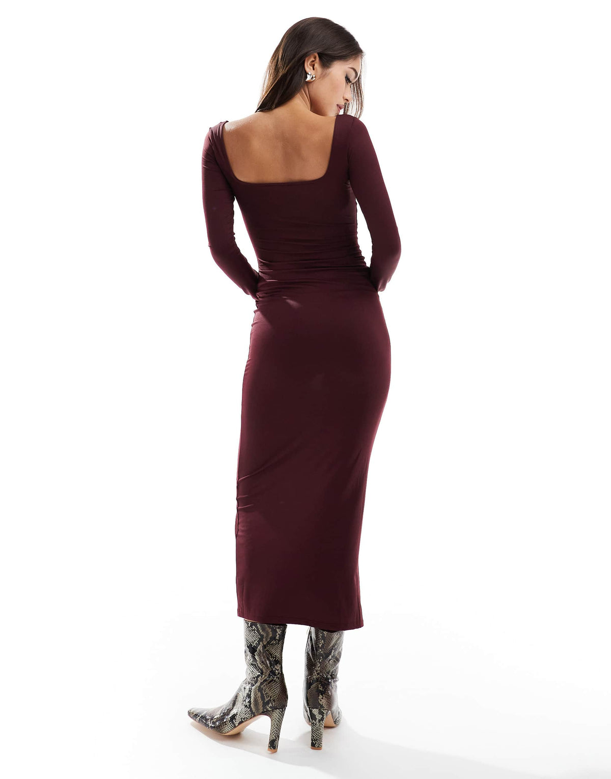 Bershka long sleeve square neck bodycon midaxi dress in burgundy