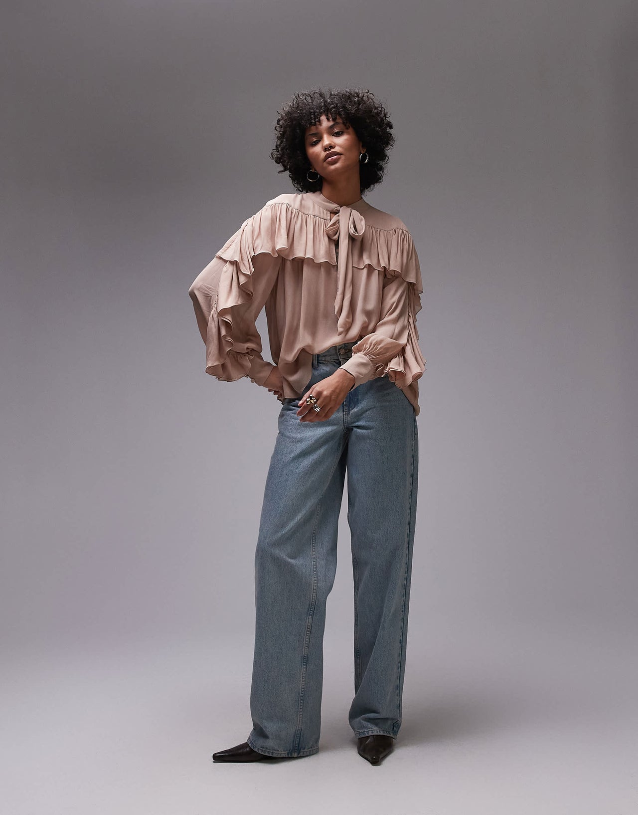 & Other Stories sheer blouse with ruffle detail and scarf neck tie in beige