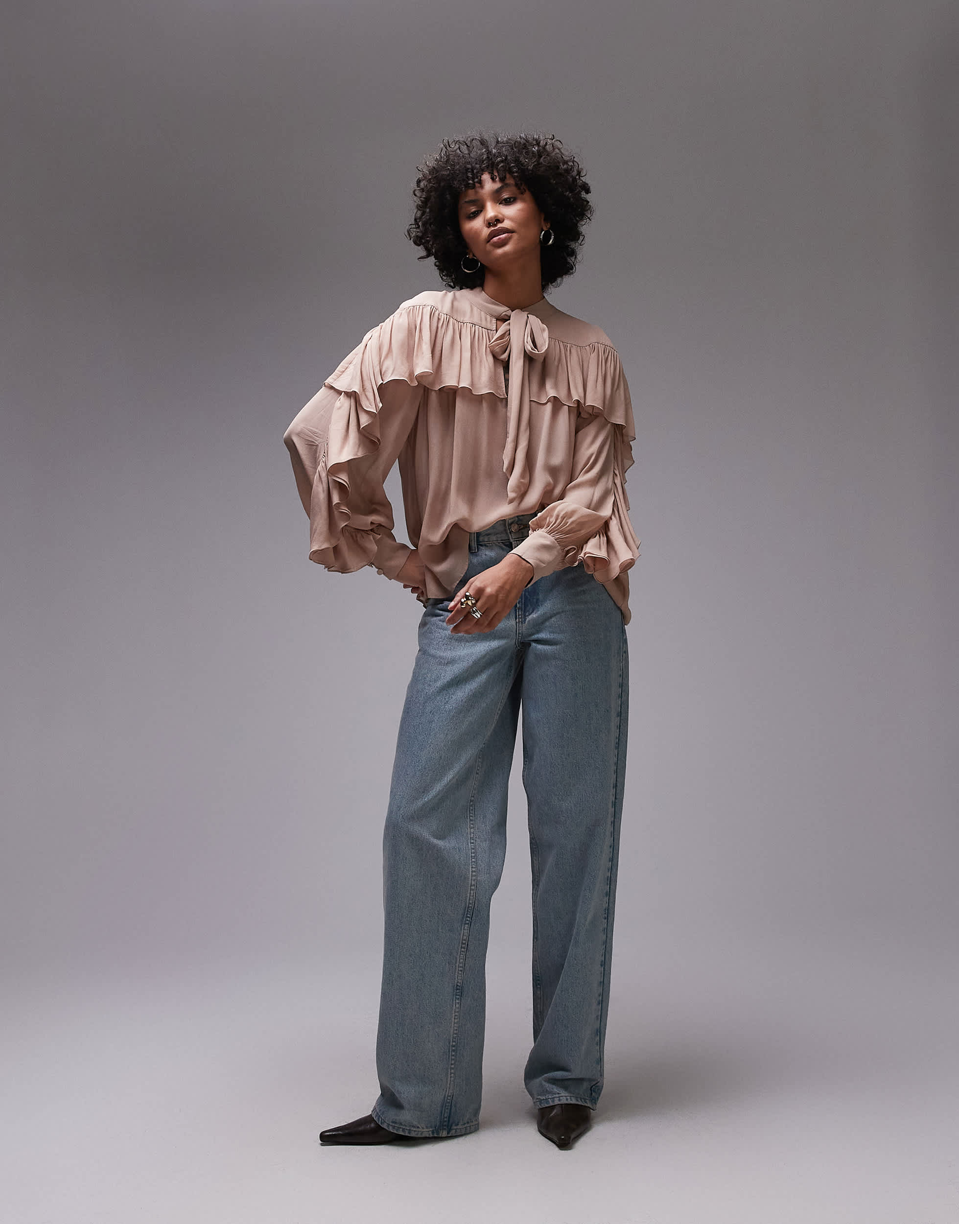 & Other Stories sheer blouse with ruffle detail and scarf neck tie in beige