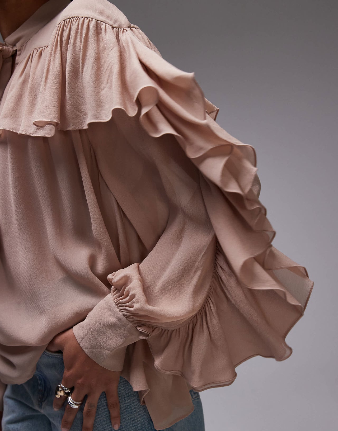 & Other Stories sheer blouse with ruffle detail and scarf neck tie in beige