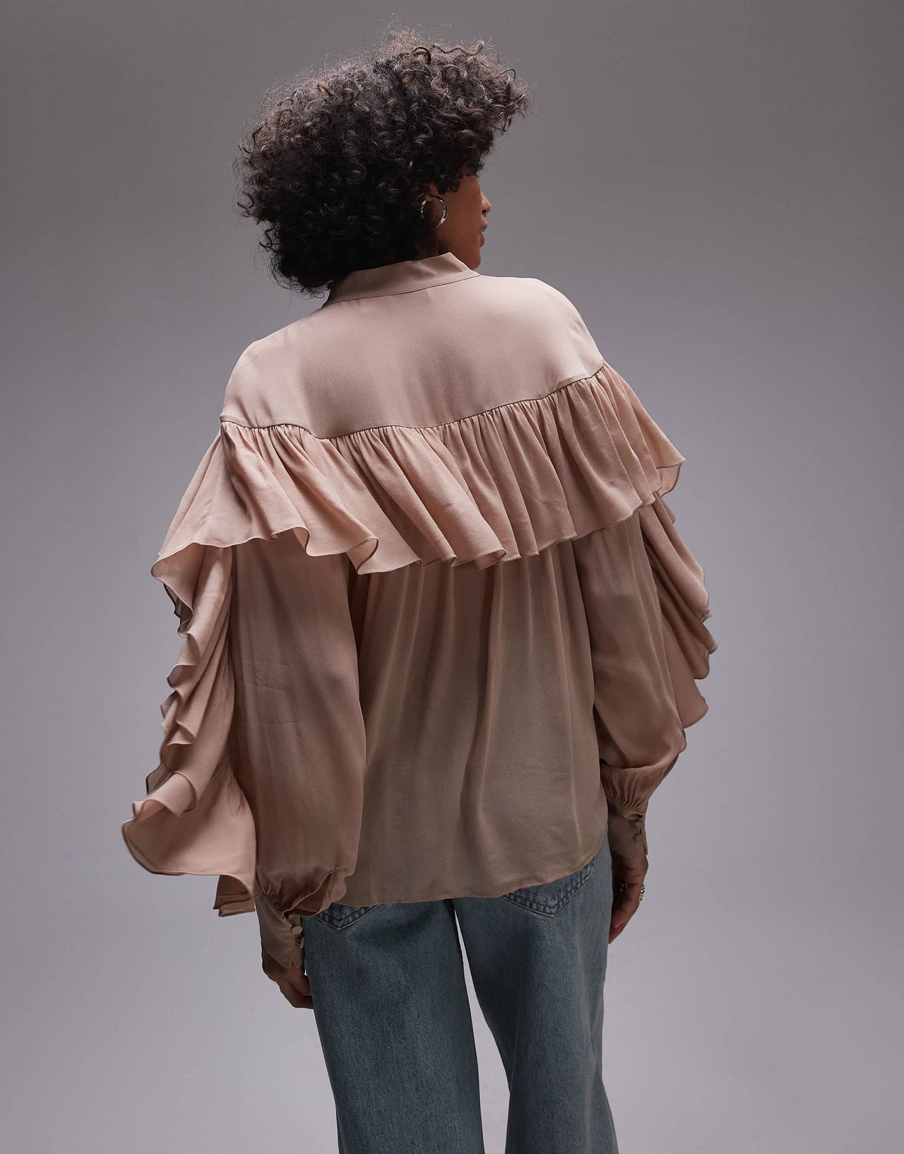 & Other Stories sheer blouse with ruffle detail and scarf neck tie in beige