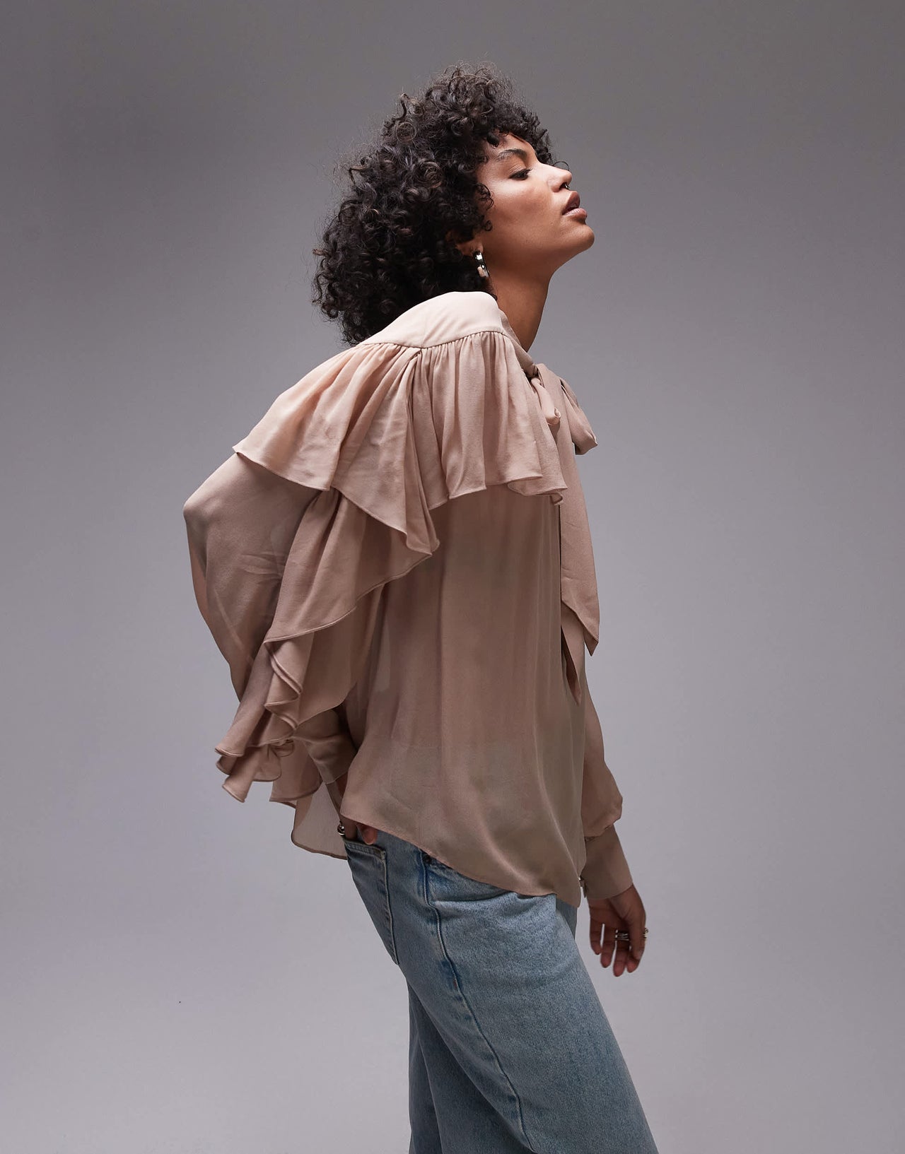 & Other Stories sheer blouse with ruffle detail and scarf neck tie in beige