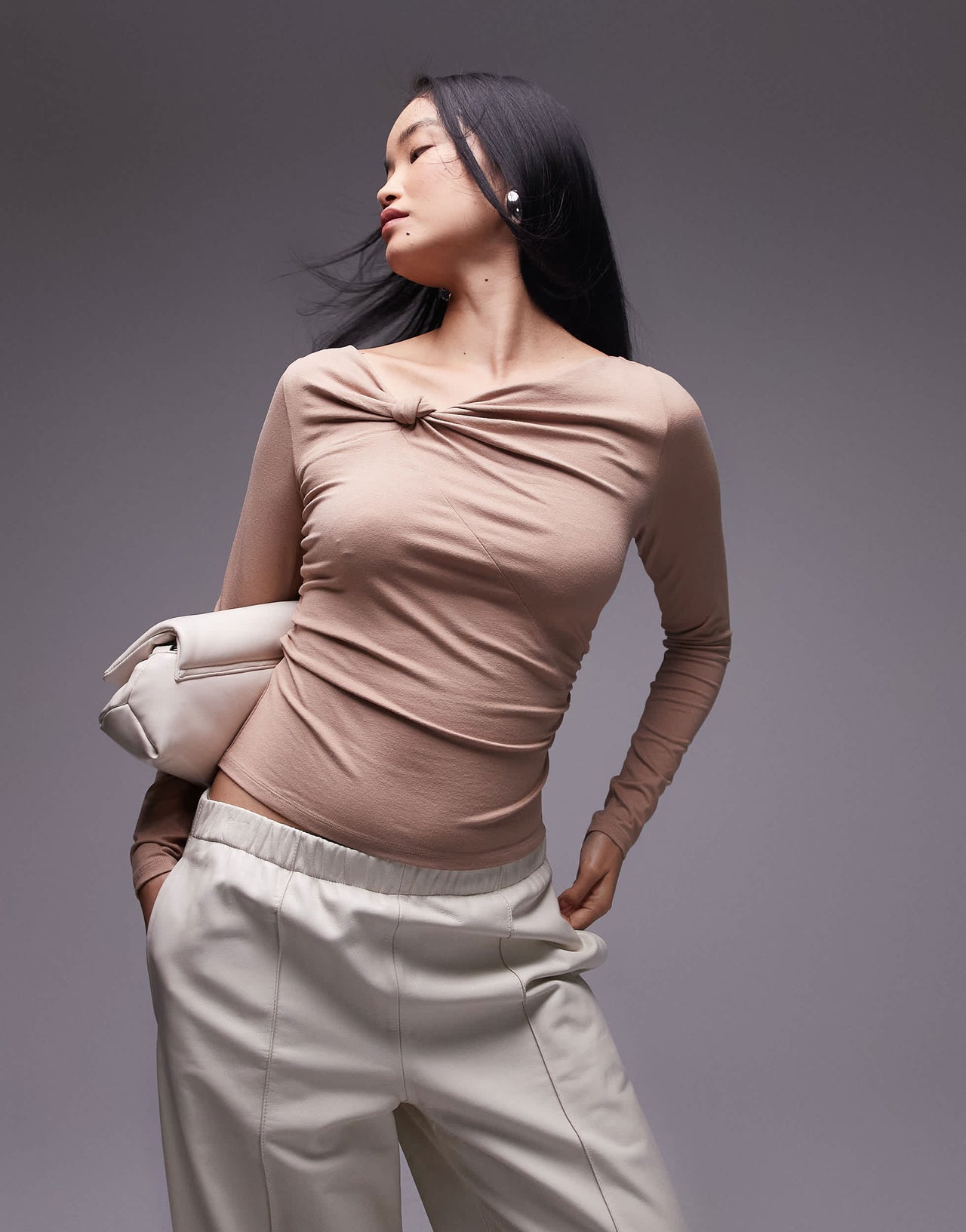 & Other Stories jersey long sleeve top with knotted neckline detail in beige