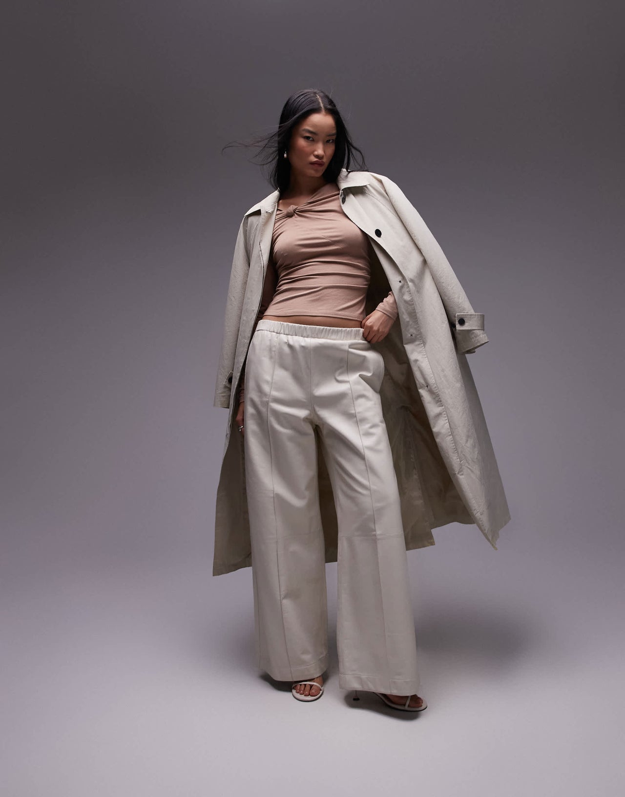 & Other Stories jersey long sleeve top with knotted neckline detail in beige