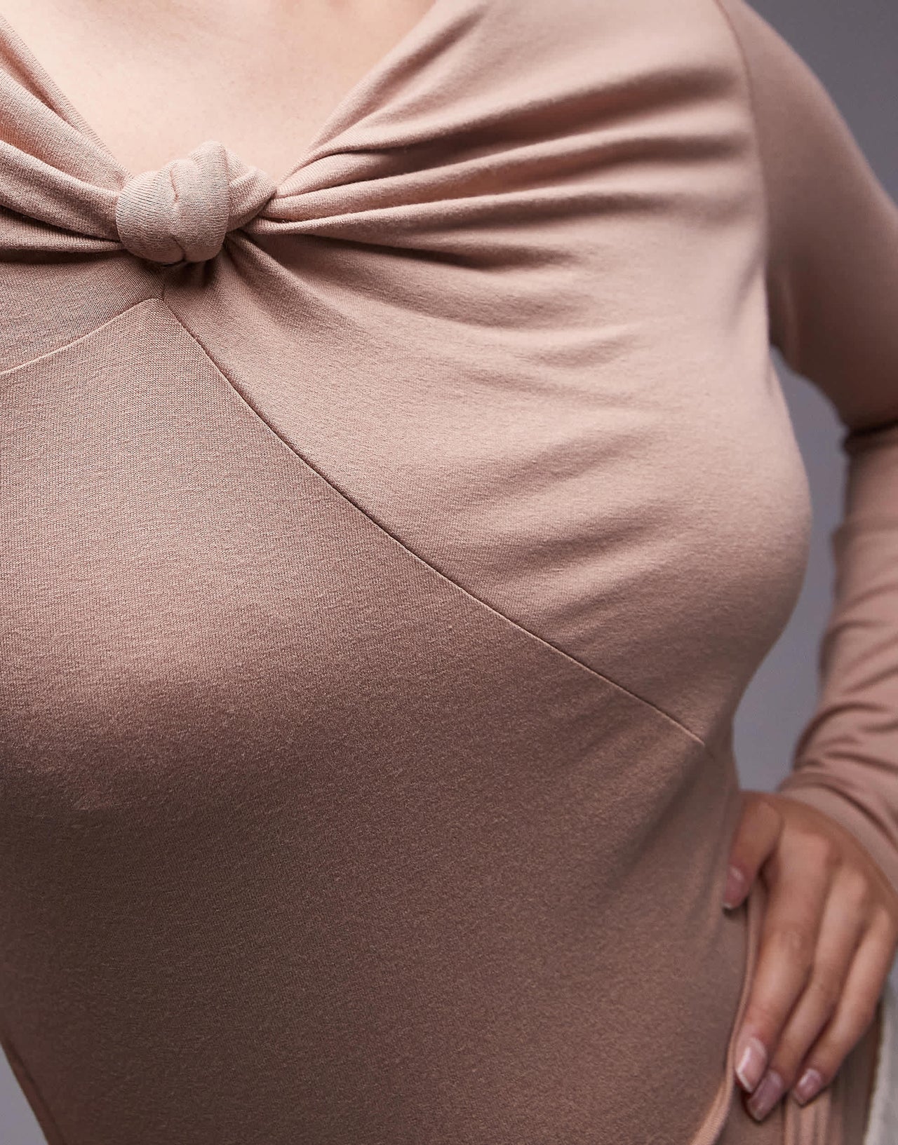 & Other Stories jersey long sleeve top with knotted neckline detail in beige