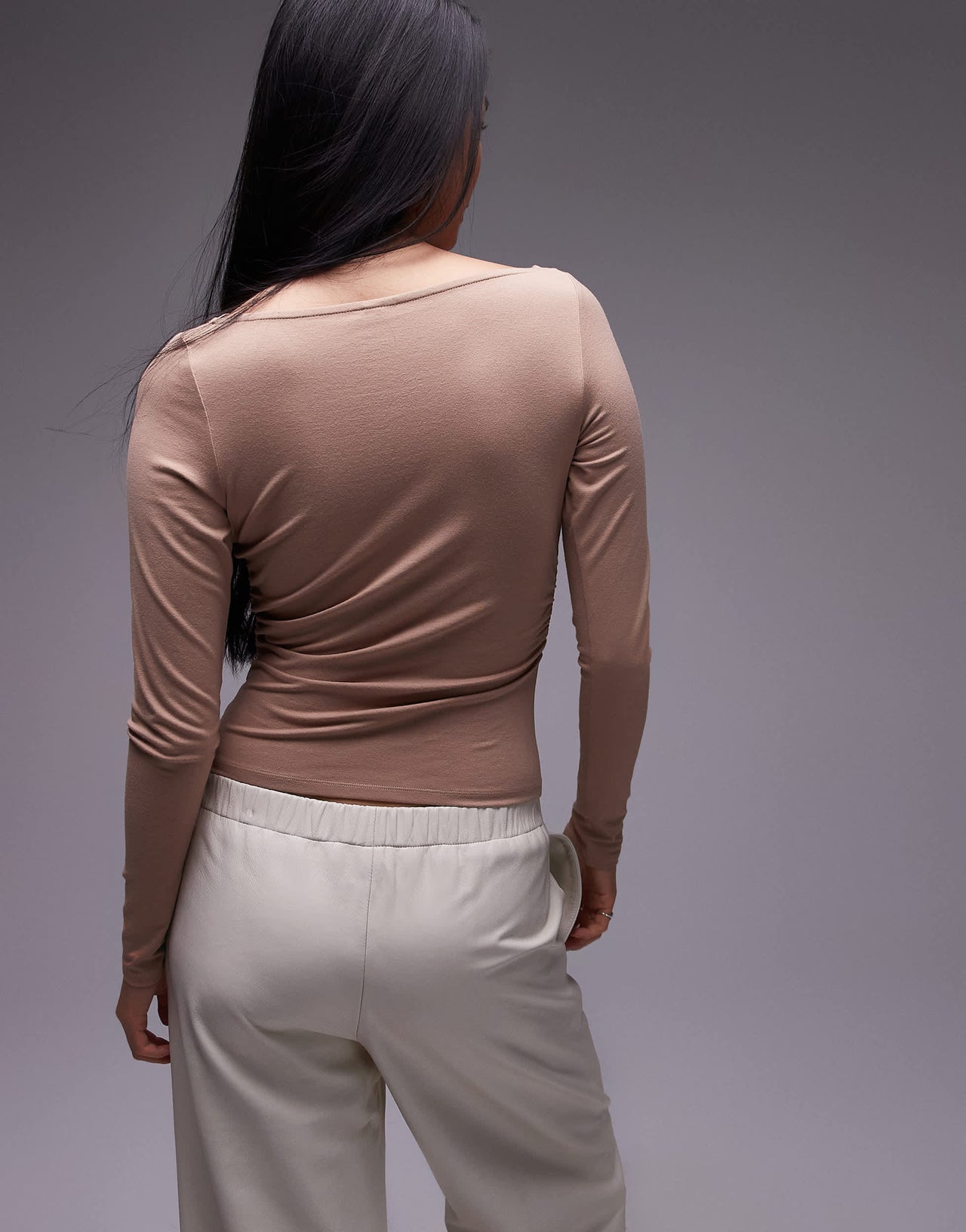 & Other Stories jersey long sleeve top with knotted neckline detail in beige