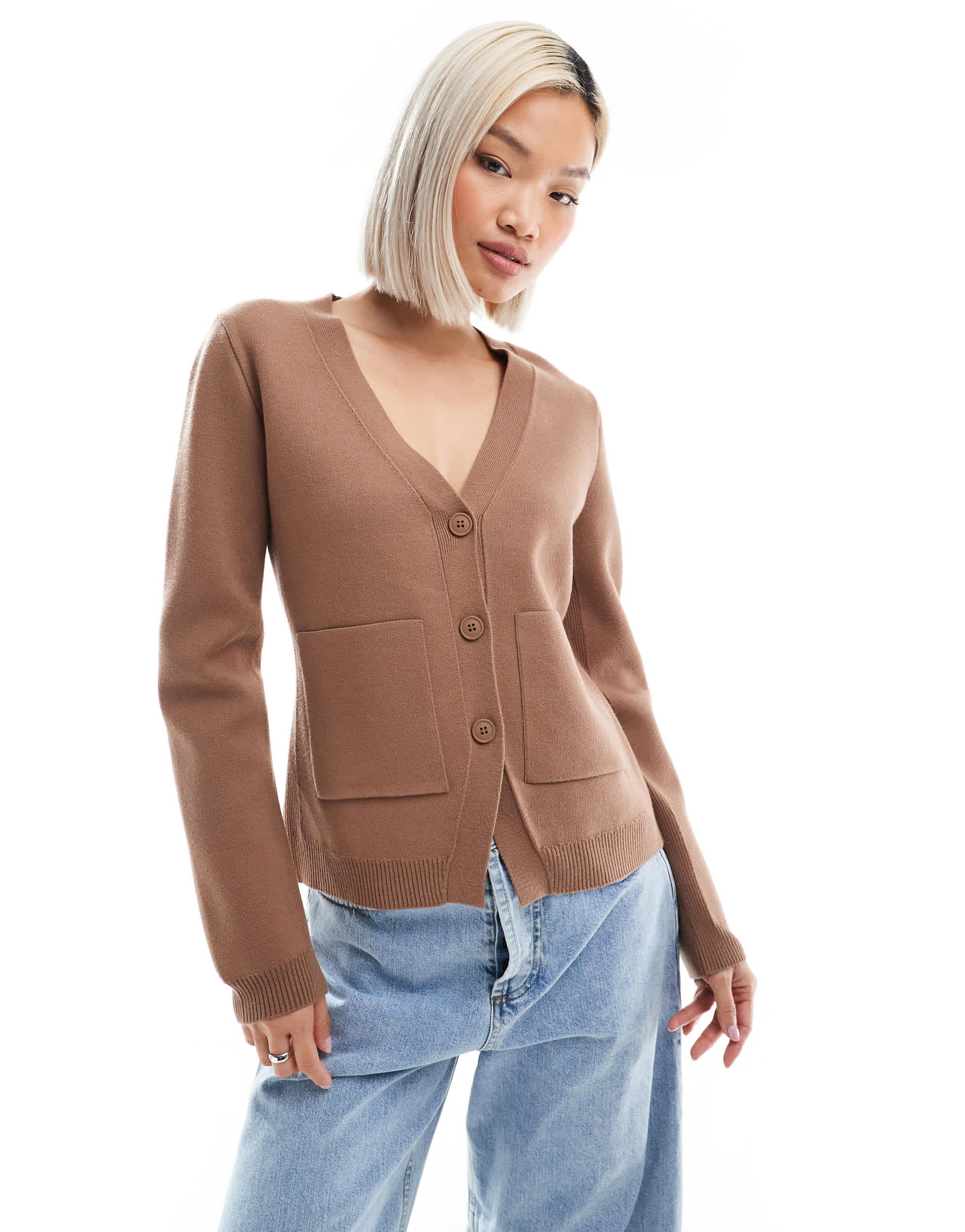 ASOS DESIGN knitted structured v neck cardigan with seam detail in mocha