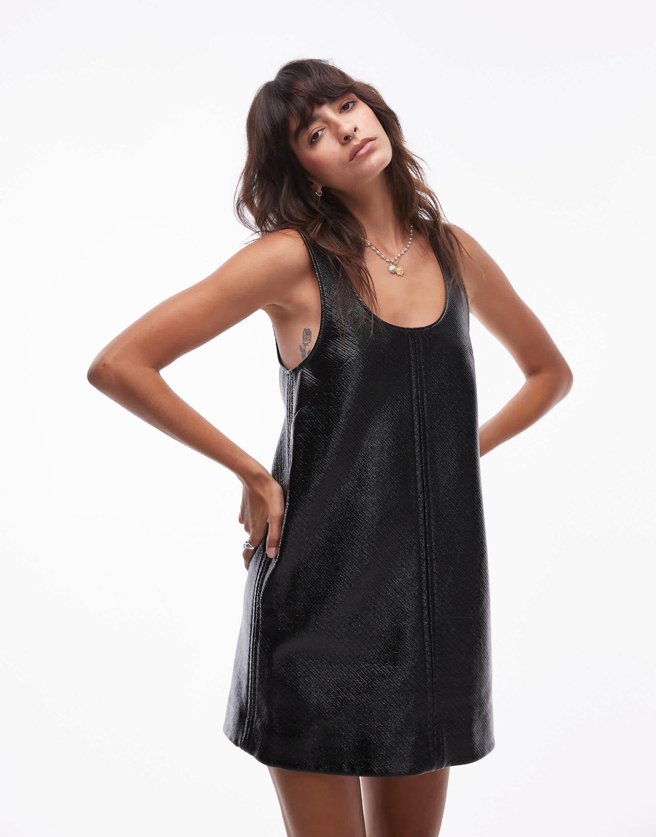 & Other Stories co-ord patent coated a line mini dress with houndstooth lining in black