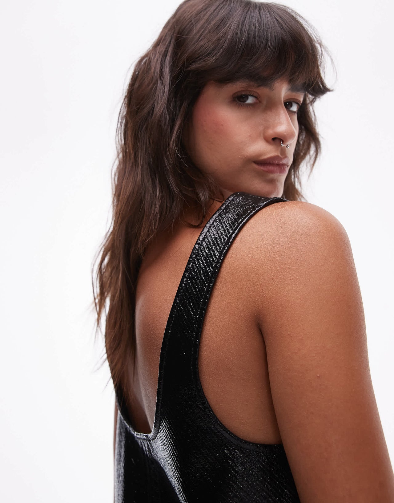 & Other Stories co-ord patent coated a line mini dress with houndstooth lining in black